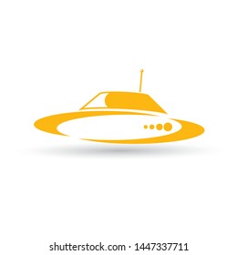 vector orange vintage Ufo flying saucer icon isolated on white background. Ufo logo or label design template. UFO day poster