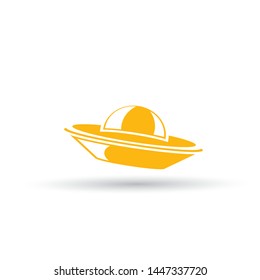 vector orange vintage Ufo flying saucer icon isolated on white background. Ufo logo or label design template. UFO day poster