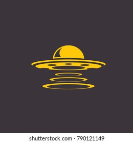 vector orange vintage Ufo flying saucer icon isolated on black night background. Ufo logo or label design template. UFO day poster