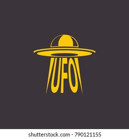 vector orange vintage Ufo flying saucer icon isolated on black night background. Ufo logo or label design template. UFO day poster