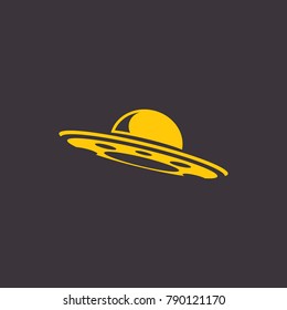 vector orange vintage Ufo flying saucer icon isolated on black night background. Ufo logo or label design template. UFO day poster