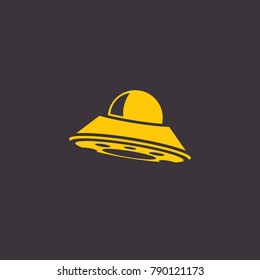 vector orange vintage Ufo flying saucer icon isolated on black night background. Ufo logo or label design template. UFO day poster