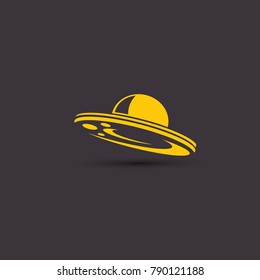 vector orange vintage Ufo flying saucer icon isolated on black night background. Ufo logo or label design template. UFO day poster