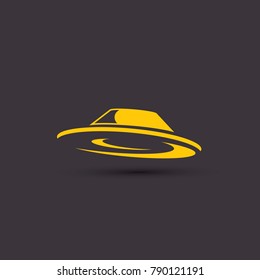 vector orange vintage Ufo flying saucer icon isolated on black night background. Ufo logo or label design template. UFO day poster
