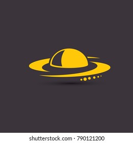 vector orange vintage Ufo flying saucer icon isolated on black night background. Ufo logo or label design template. UFO day poster