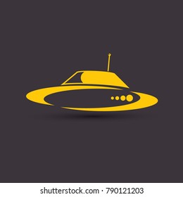 vector orange vintage Ufo flying saucer icon isolated on black night background. Ufo logo or label design template. UFO day poster