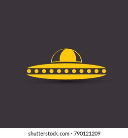 vector orange vintage Ufo flying saucer icon isolated on black night background. Ufo logo or label design template. UFO day poster