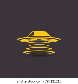 vector orange vintage Ufo flying saucer icon isolated on black night background. Ufo logo or label design template. UFO day poster
