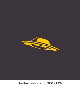 vector orange vintage Ufo flying saucer icon isolated on black night background. Ufo logo or label design template. UFO day poster