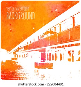 Vector orange watercolor background - Metro Bridge in Moscow, Russia