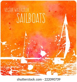 Vector orange watercolor background - sailboat regatta