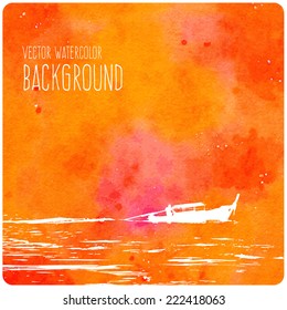 Vector orange watercolor background with a thai boat motoring in the waves