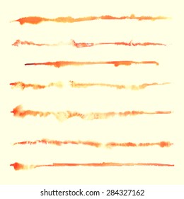 Vector orange watercolor strokes. Paint stains. Hand drawn blurred stripes.  EPS10