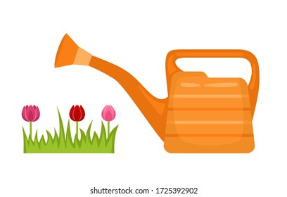 Vector orange watering can, green grass and red flowers isolated on white. Cartoon flat illustration, icon.
