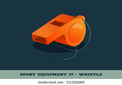 Vector orange whistle icon. Game equipment. Professional sport, classic whistle for official competitions and tournaments. Isolated illustration.