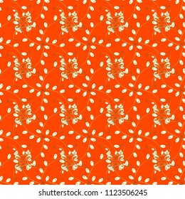 Vector orange, white and yellow leafy background with hand drawn leaves, flowers, swirls, intricate beautiful ornaments. Retro rich design for fabric, textile. Foliage vintage nice seamless pattern.