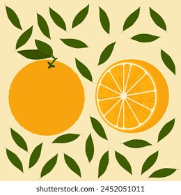 Vektorgrafik Orange ganz und mit Blättern auf einem farbigen Hintergrund geschnitten