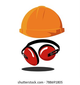 vector. Orange working a construction helmet and headphones red.