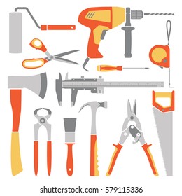 Vector orange working tools collection for construction and repair. Part two