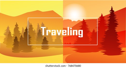 Vector orange  and yellow background Mountain and Spruce forest - parallax effect - two screens - split screen design for card, background, banner, website