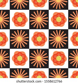 Vector Orange and Yellow Flowers on Black and White Squares Background Seamless Repeat Pattern. Background for textiles, cards, manufacturing, wallpapers, print, gift wrap and scrapbooking.