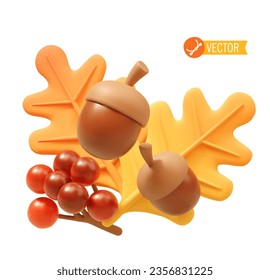 Vector orange and yellow leaves oak, acorns and guelder rose fruits. Autumn decoration, autumnal illustration