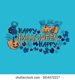 Vector orange yellow navy blue hand drawn pumpkins, leaves, typography, teddies. Halloween illustration. Perfect for a placement print, cards and posters.