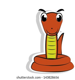 vector orange and yellow snake, smiling, wide-eyed with fangs, on white canvas decentralized