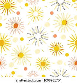 Vector Orange Yellow Summer Sun , Repeating Seamless Pattern Background, Delightful Illustration of Sunrays for Weather theme on Fabric, Scrapbooking, Home Decor & Web Stationery . Colorful Happy Vibe