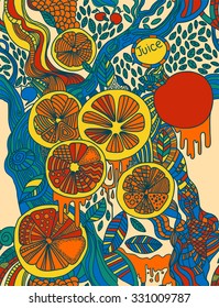 Vector oranges design. Fruit seamless pattern with oranges and leaves. Vector background with in doodle style.