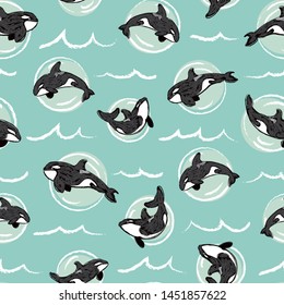 Vector Orcas in bubbles hand drawn scribble texture in sea foam green. Playful ocean design seamless pattern perfect for wallpaper, fabric print or graphic design elements.