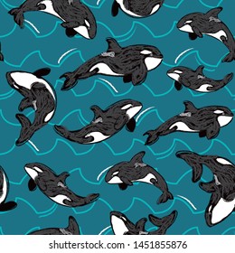 Vector Orcas in the waves hand drawn scribble texture in aqua. Playful ocean design seamless pattern perfect for wallpaper, fabric print or graphic design elements.
