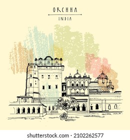 Vector Orchha, India postcard. Orchha fort complex (built in early 16th century) in Madhya Pradesh state. Jahangir Mahal palace. Travel sketch line art drawing. Vintage hand drawn poster illustration