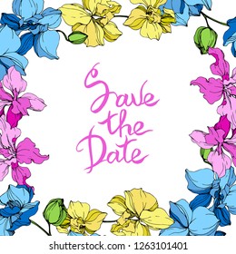 Vector. Orchid botanical flower. Blue, pink and yellow engraved ink art. Frame floral square on white background. Save the Date handwriting monogram calligraphy.