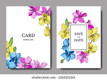 Vector. Orchid botanical flower. Pink, yellow and blue engraved ink art. Wedding background card floral decorative border. Thank you, rsvp, invitation elegant card illustration graphic set banner.