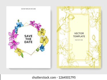 Vector. Orchid botanical flower. Pink, yellow and blue engraved ink art. Wedding background card floral decorative border. Thank you, rsvp, invitation elegant card illustration graphic set banner.