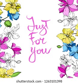 Vector. Orchid botanical flower. Yellow, blue and pink engraved ink art. Floral border. Just for you handwriting monogram calligraphy.