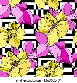 Vector. Orchid botanical flower. Yellow and pink engraved ink art. Seamless background pattern. Fabric wallpaper print texture on white background.