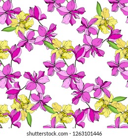 Vector. Orchid botanical flower. Yellow and pink engraved ink art. Seamless background pattern. Fabric wallpaper print texture on white background.