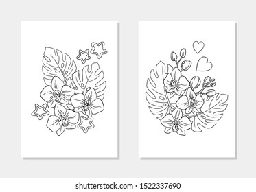 vector orchid exotic flower monstera leaf bouquet coloring page book line art outline