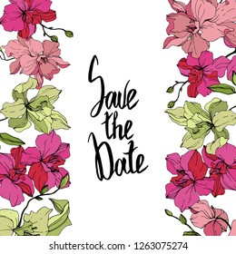 Vector Orchid. Floral botanical flower. Pink and yellow engraved ink art. Floral border. Save the Date handwriting monogram calligraphy.