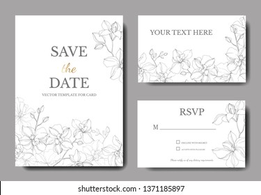Vector Orchid floral botanical flowers. Silver engraved ink art. Wedding background card floral decorative border. Thank you, rsvp, invitation elegant card illustration graphic set banner.
