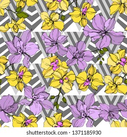 Vector Orchid floral botanical flowers. Wild spring leaf wildflower isolated. Black and white engraved ink art. Seamless background pattern. Fabric wallpaper print texture.