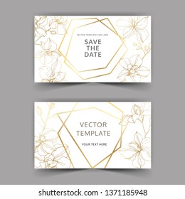 Vector Orchid floral botanical flowers. Golden engraved ink art. Wedding background card floral decorative border. Thank you, rsvp, invitation elegant card illustration graphic set banner.