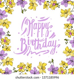 Vector Orchid floral botanical flowers. Wild spring leaf wildflower isolated. Yellow and violet engraved ink art. Frame border ornament square on white background.