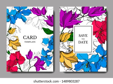 Vector Orchid floral botanical flowers. Black and white engraved ink art. Wedding background card floral decorative border. Thank you, rsvp, invitation elegant card illustration graphic set banner.