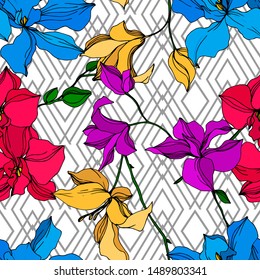 Vector Orchid floral botanical flowers. Wild spring leaf wildflower isolated. Black and white engraved ink art. Seamless background pattern. Fabric wallpaper print texture.