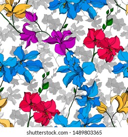 Vector Orchid floral botanical flowers. Wild spring leaf wildflower isolated. Black and white engraved ink art. Seamless background pattern. Fabric wallpaper print texture.