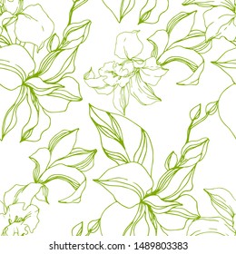 Vector Orchid floral botanical flowers. Wild spring leaf wildflower isolated. Black and white engraved ink art. Seamless background pattern. Fabric wallpaper print texture.