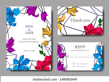 Vector Orchid floral botanical flowers. Black and white engraved ink art. Wedding background card floral decorative border. Thank you, rsvp, invitation elegant card illustration graphic set banner.